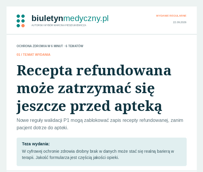Recepta refundowana może zatrzymać się jeszcze przed apteką — Biuletynmedyczny.pl z 22.09.2026