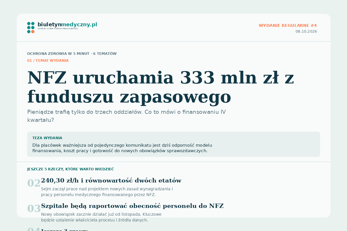 NFZ uruchamia 333 mln zł z funduszu zapasowego — Biuletynmedyczny.pl z 8 października 2026